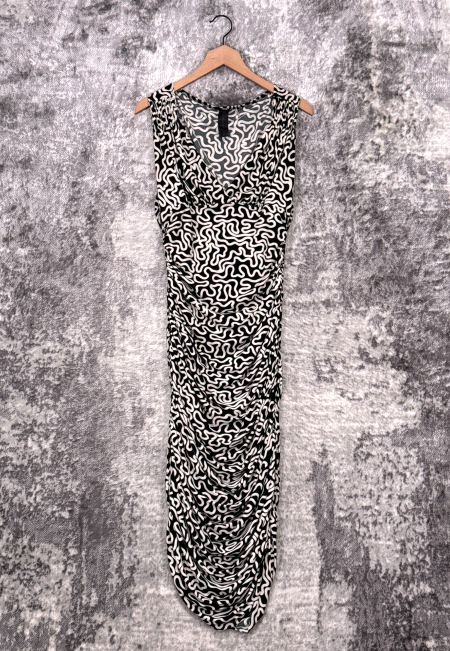 Norma Kamali Dress Large Womens Black & White Ruched Geometric Pattern Midi